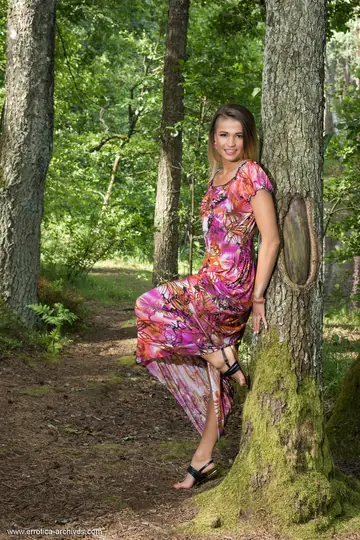 Blonde Pulls Her Panties Aside and Spreads Her Shaved Slit in the Forest