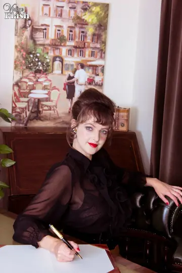 Woman in Lingerie and Stockings Fingers Her Pussy on the Desk