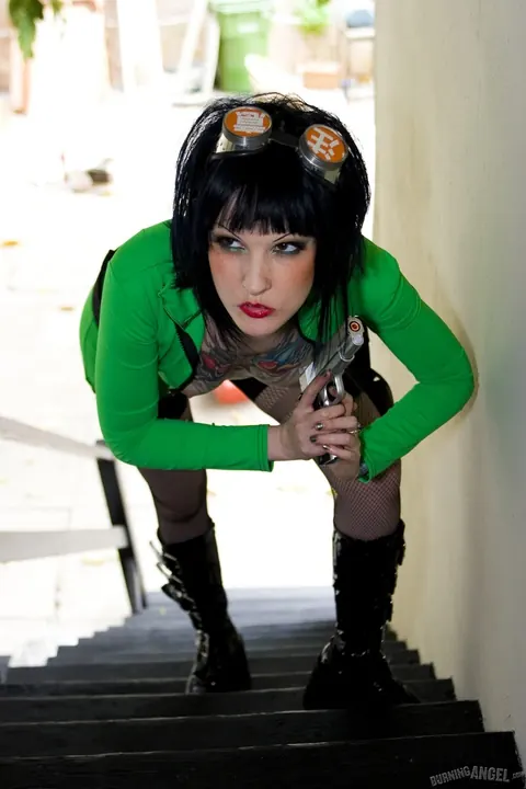 Melodie Gore: Brunette in Cosplay Uniform and Glasses Spreads Her Shaved Pussy – photo 16 of 17