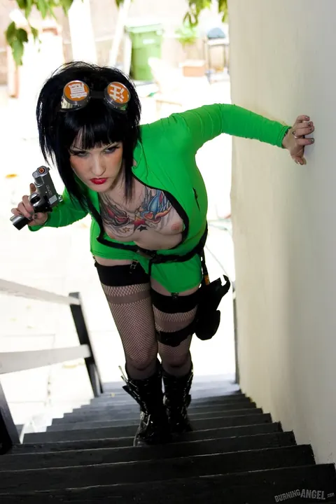 Melodie Gore: Brunette in Cosplay Uniform and Glasses Spreads Her Shaved Pussy – photo 15 of 17