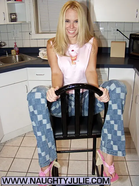 Naughty Julie: Blonde in Jeans Masturbates Her Pussy and Asshole in the Kitchen – photo 1 of 16