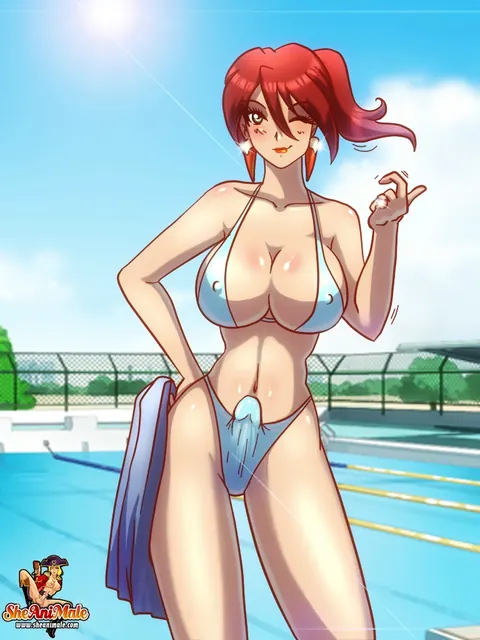 Busty Redhead Trans Woman Takes Anal by the Pool – photo 4 of 12
