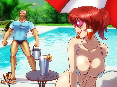 Busty Redhead Trans Woman Takes Anal by the Pool – photo 3 of 12
