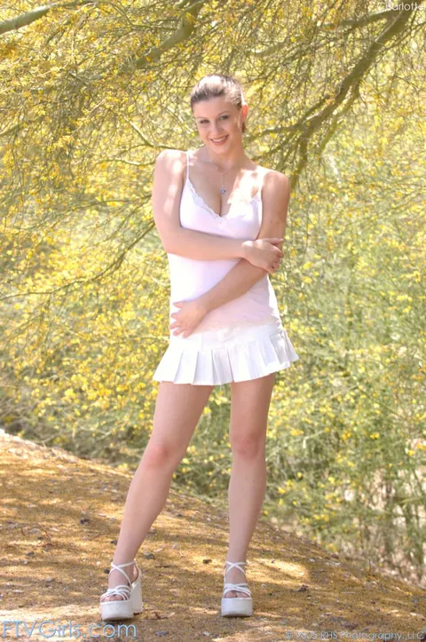 Sara Stone: Busty Brunette MILF Lifts Her Skirt and Spreads Her Legs Outdoors – photo 5 of 21