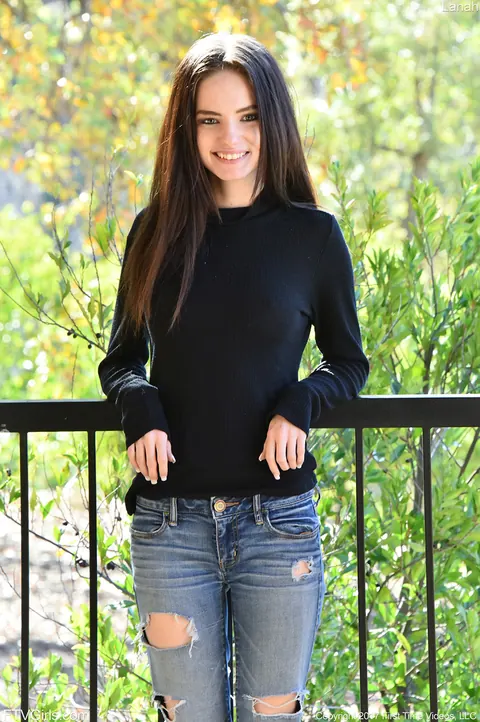 Lana Adams: Skinny Brunette in Jeans Spreads on the Balcony – photo 1 of 16
