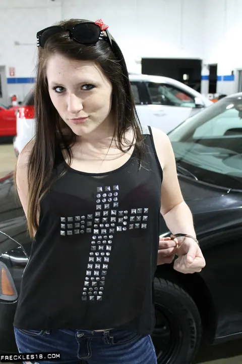 Brunette Strips Out of Her Jeans in an Auto Shop – photo 2 of 12
