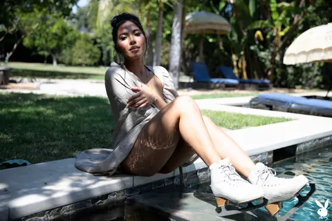 Jada Kai: Asian Brunette with Big Natural Tits Strips Nude by the Pool – photo 2 of 21