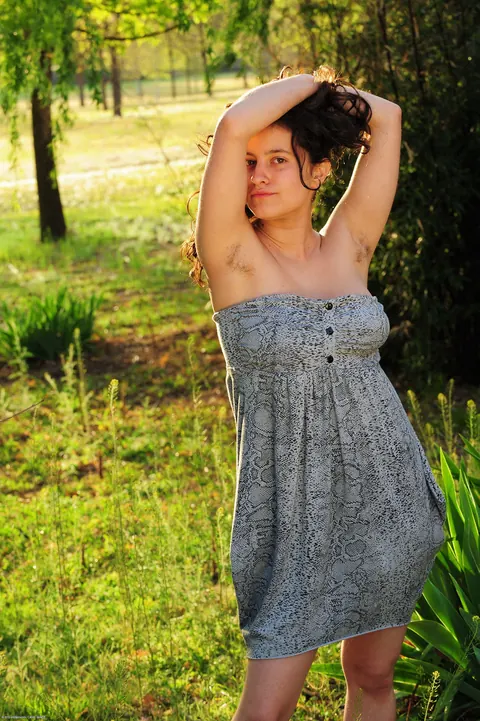 Amateur Curly Babe Shows Off Her Big Tits and Hairy Bush Outdoors – photo 1 of 20