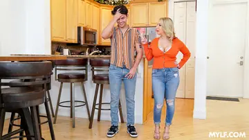 Chubby Blonde MILF in a Skirt Sucks and Fucks for a Tit Cumshot