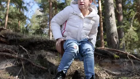 Katy Dee: Busty European Brunette in Jeans Spreads and Pees in Woods – photo 14 of 15