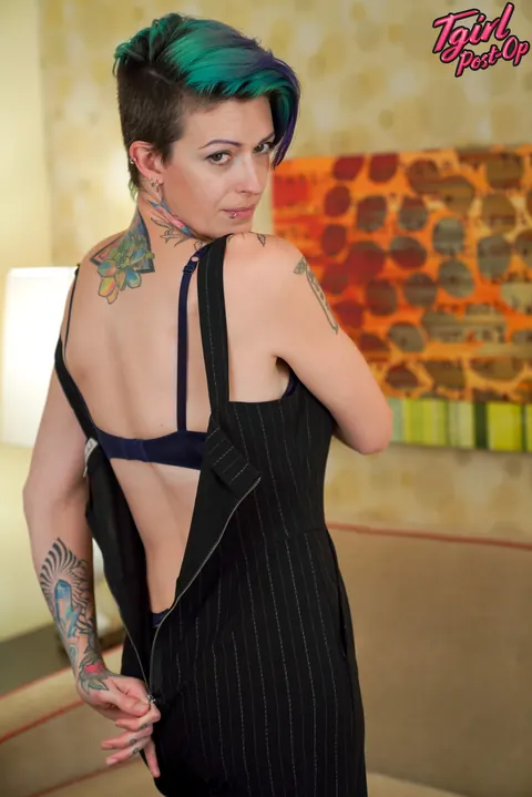 Tattooed Trans Woman Strips and Masturbates with a Dildo – photo 2 of 16
