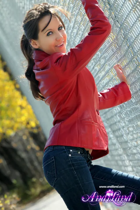 Andi Land: Slim Brunette Pulls Her Jeans Aside to Flash Her Pussy Outdoors – photo 1 of 15