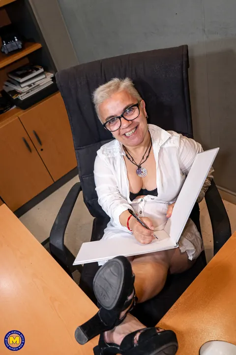 Sara One: Mature Blonde Poses in Lingerie at the Office – photo 2 of 20