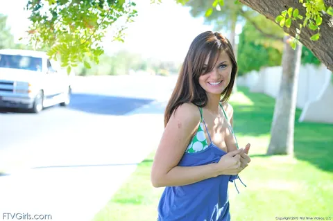 Lily Carter: Petite Brunette Strips Out of Her Shorts and Uses a Dildo Outdoors – photo 2 of 21