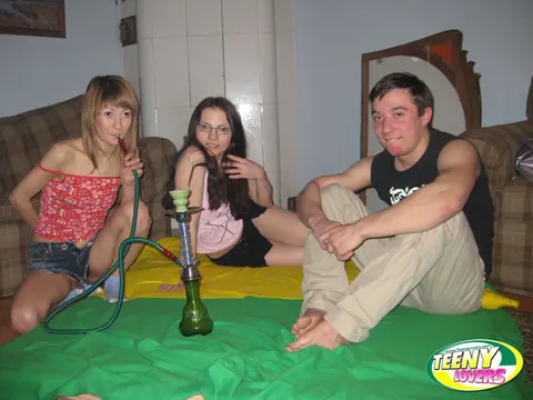 Anna May: Two Brunettes in Socks Undress for a Threesome with a Man – photo 1 of 16