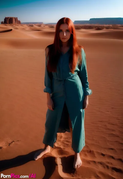 AI-Generated Slim Redhead Poses Nude in a Desert Setting – photo 1 of 10