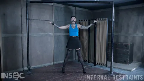 Leigh Raven: Tattooed Brunette in a Skirt Spreads for Bathroom Bondage – photo 12 of 14