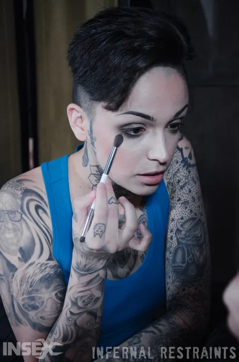 Leigh Raven: Tattooed Brunette in a Skirt Spreads for Bathroom Bondage – photo 11 of 14