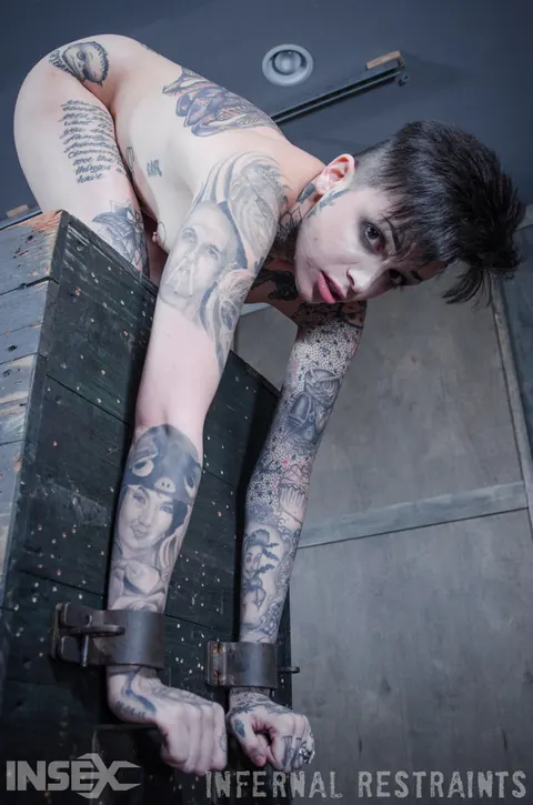 Leigh Raven: Tattooed Brunette in a Skirt Spreads for Bathroom Bondage – photo 8 of 14