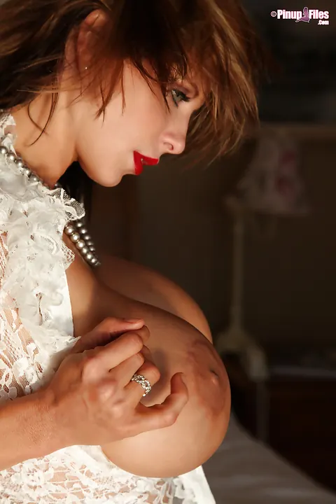 Brandy Robbins: Brunette with Big Enhanced Tits Releases Juggs from Sheer Blouse and Spreads – photo 12 of 12