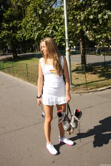 Sara J – European Blonde Strips and Spreads Outdoors