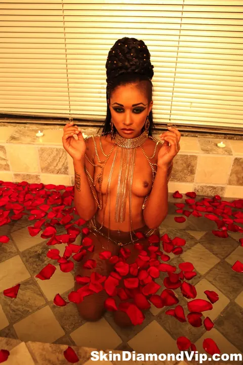 Skin Diamond: Ebony MILF Displays Her Body in a Bathtub of Red Petals – photo 1 of 15