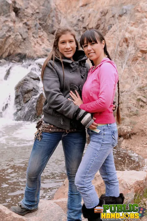 Laura Coryander: Brunette MILF in Boots and Jeans Gives Group Blowjob Outdoors – photo 4 of 21