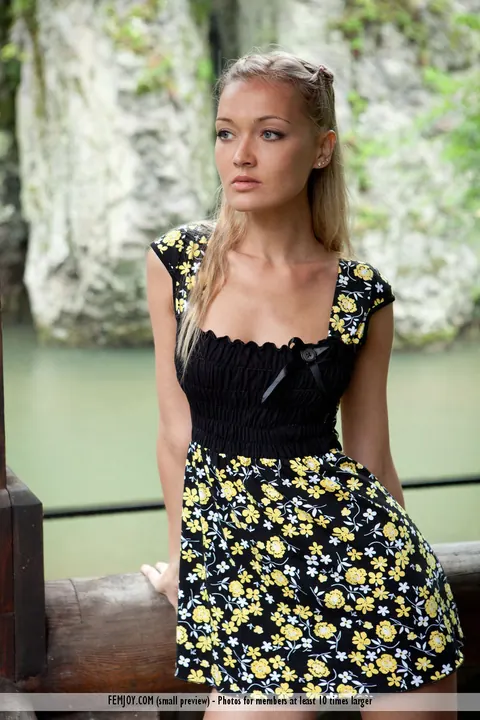 Slim Blonde Lifts Her Skirt Outdoors on a Log Platform – photo 1 of 16