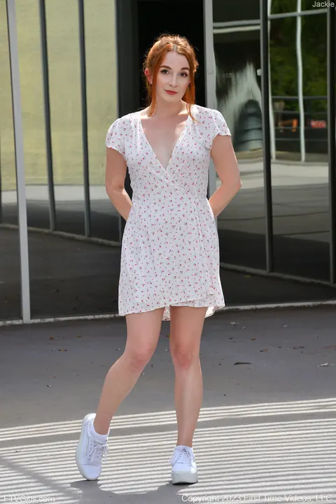 Redhead Flashes Her Firm Tits and Shaved Pussy Outdoors – photo 16 of 21