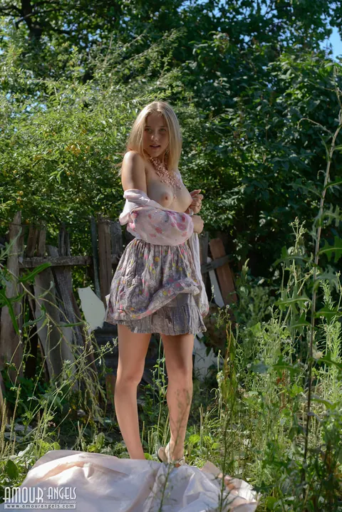 Anasteziya: Tall Blonde in a Skirt Spreads Her Hairy Pussy Outdoors – photo 4 of 20