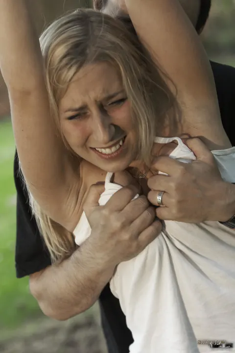 Caroline Fox: Blonde Bound and Blindfolded Sucks Cock Outdoors – photo 6 of 16