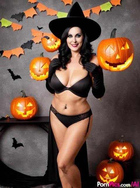 Curly MILF Shows Off Her Big Tits in AI Halloween Set – photo 6 of 10