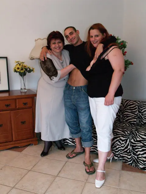 Busty Hairy Woman in Lingerie Has a Threesome on the Sofa – photo 1 of 18