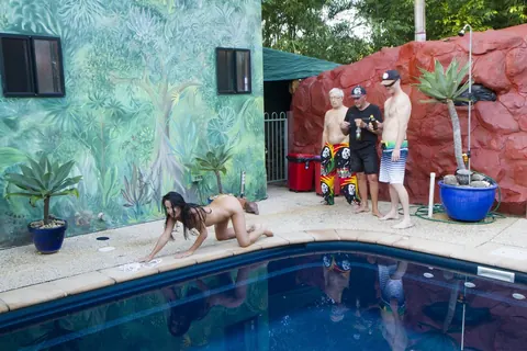 Slim Amateur MILF Gets Gangbanged Poolside by Three Men – photo 1 of 17