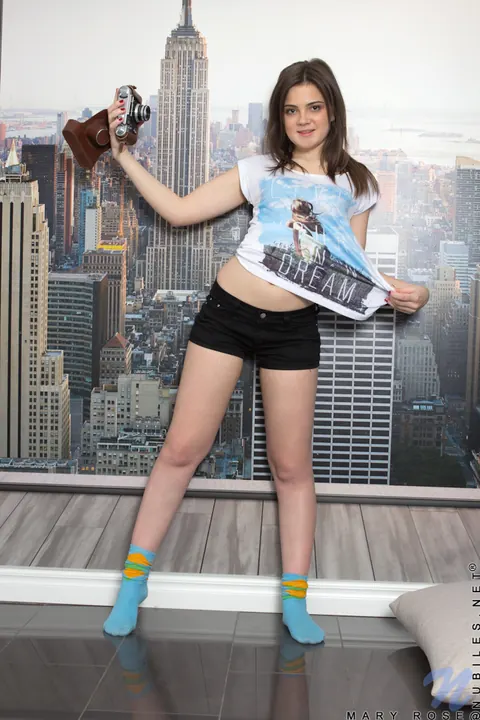 Mary Rose: Brunette in Lingerie and Socks Strips and Spreads Her Shaved Pussy – photo 3 of 15