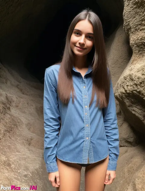 Petite Slim Brunette Strips in a Cave and Spreads Outdoors – photo 1 of 9