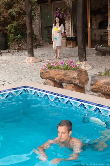 Brunette in Panties Rides Him by the Pool and Gets Jizzed