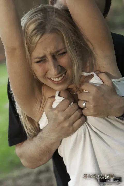 Caroline Fox: Czech Blonde in Panties Sucks Cock While Bound in the Garden – photo 4 of 16
