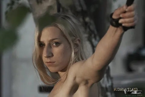 Caroline Fox: Czech Blonde in Panties Sucks Cock While Bound in the Garden – photo 10 of 16