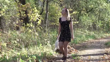 Blonde Lowers Pantyhose to Pee Outside