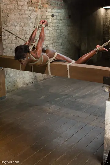 Tall Ebony Brunette Submits to BDSM Bondage and Pussy Hook