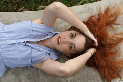 Amarna Miller: Spanish Redhead Flashes Her Hairy Pussy Outdoors in Panties and Socks – photo 8 of 11