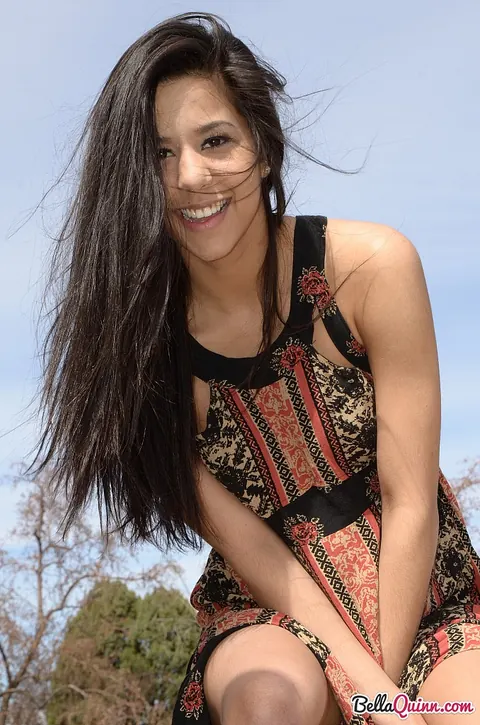 Bella Quinn: Brazilian Latina Brunette Flashes Her Legs in a Slit Dress Outdoors – photo 9 of 12
