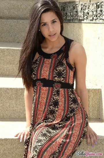Brazilian Latina Brunette Flashes Her Legs in a Slit Dress Outdoors