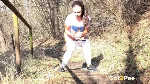 Vinna Reed: Czech Blonde in Panties Spreads Her Hairy Pussy and Pees on a Forest Path – photo 10 of 15