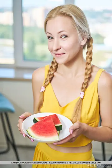 European Blonde in Pigtails Eats Watermelon and Spreads in Panties
