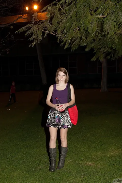Aubrey Belle: Brunette PAWG in a Skirt and Boots Shows Purple Panties Outdoors – photo 7 of 11