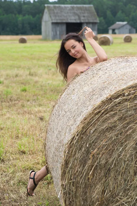 Slava: Brunette Strips Out of Her Dress on Hay in a Forest – photo 6 of 20