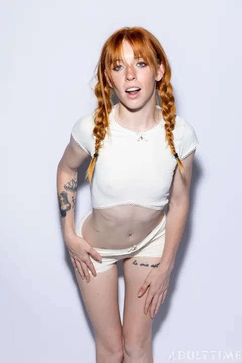 Madi Collins: Petite Redhead in Pigtails Strips and Plays with a Vibrator – photo 3 of 20