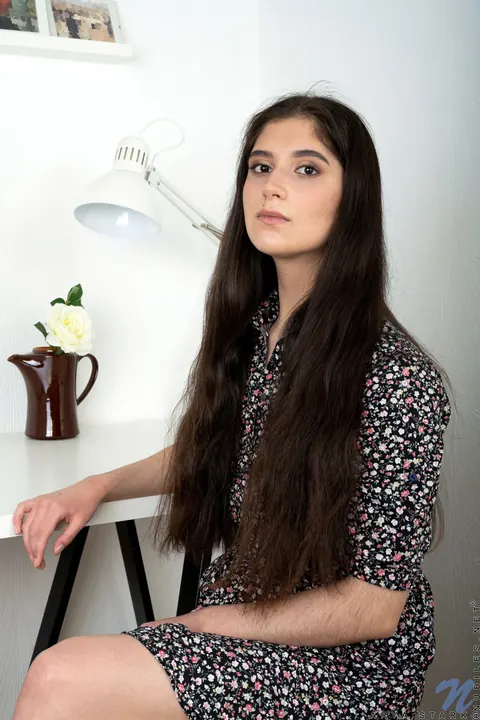 Alya Stark: Brunette with Natural Tits Strips Out of Her Skirt on a Stool – photo 1 of 16